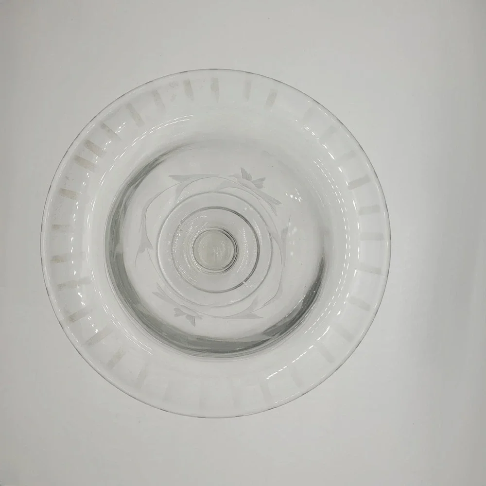 Vintage Etched Glass Footed Bowl Floral Butterfly Frosted Striped Rim Compote‎
